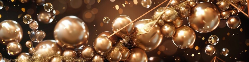 Pale bronze setting, gold pearls gathered at the center, bronze glitter, flying bubbles, and a luxurious bronze geometric frame for a sophisticated desktop wallpaper