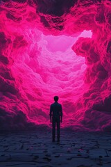 Fototapeta premium A figure stands before a vibrant pink portal surrounded by ethereal clouds, evoking a sense of wonder and exploration.