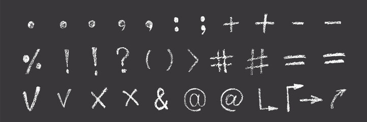 Chalk, crayon hand drawn grunge texture punctuation check marks, pointer, arrow, speech bubble, underline, question mark, hash tag, exclamation point, bracket, dot for to do list and note, diagram