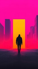 Naklejka premium A silhouette walks towards a bright yellow doorway amid a vibrant pink backdrop, surrounded by dark city structures, evoking a sense of mystery and adventure.