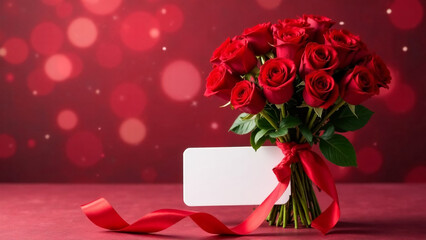 Valentine’s Day, floral gifts, greeting card design. Bouquet of red roses with a red ribbon and a blank white tag on a bokeh background. Copy space.