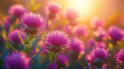Sunset Meadow of Pink Thistle Flowers