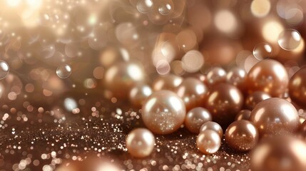 Pale bronze setting, pearl bronze pearls gathered at the center, surrounded by subtle bronze glitter, with flying bubbles for a sophisticated desktop wallpaper