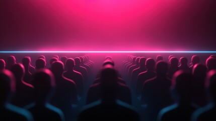 A surreal scene of silhouetted figures facing a vibrant, glowing horizon, enveloped in pink and blue hues.