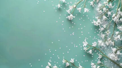 Pale emerald vertical backdrop adorned with white bluebells and subtle silver glitter, ideal for a baby girl announcement
