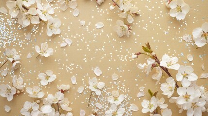 Pale gold vertical backdrop adorned with white cherry blossoms and subtle silver glitter, ideal for a baby girl announcement