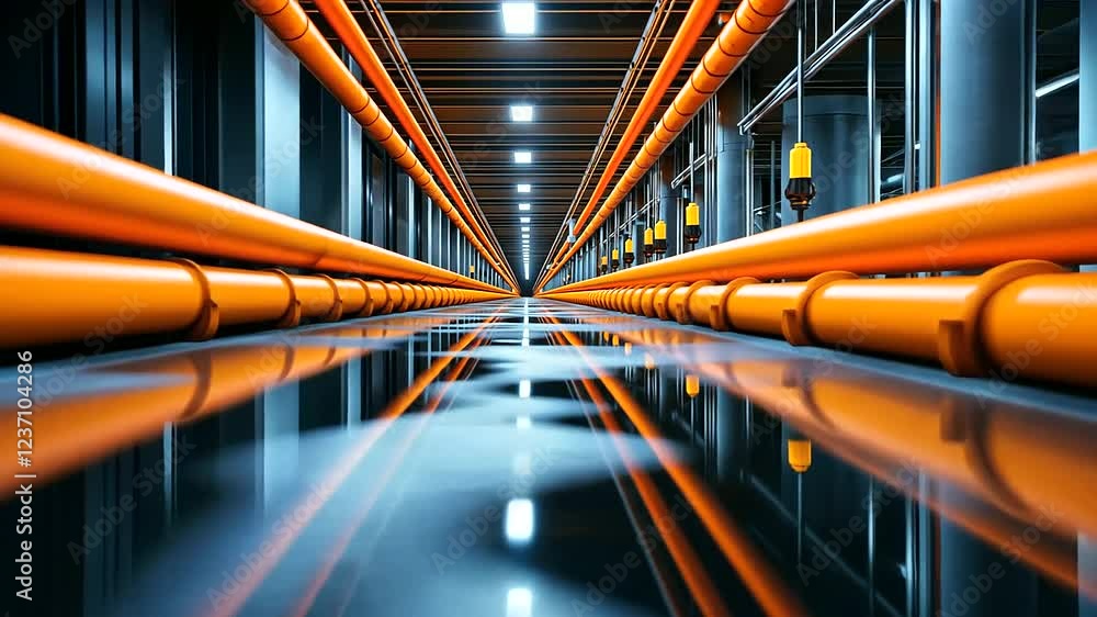 Poster a perspective view of orange pipes extending into the distance within a trench, symbolizing efficien