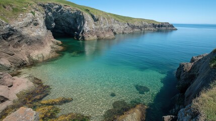 Serene Coastal Cove Turquoise Waters and Sunny Sky