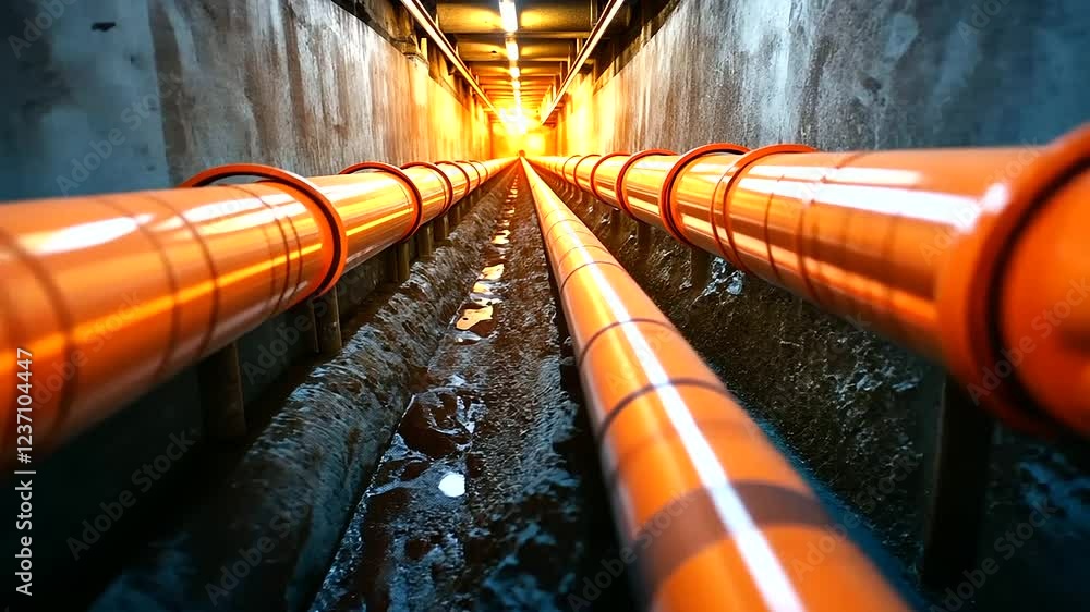 Poster a perspective view of orange pipes extending into the distance within a trench, symbolizing efficien