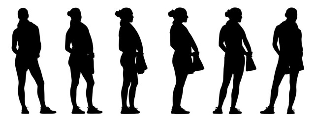 Vector conceptual black silhouette of an active woman with a towel around her neck from different perspectives isolated on white. A metaphor for active, health, self-care, wellness and lifestyle