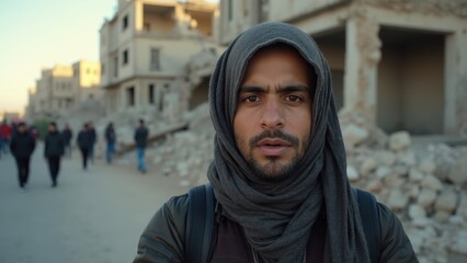 A Man Stands Amidst the Ruins of a Devastated Area, Looking Directly at the Camera With a Thoughtful Expression
