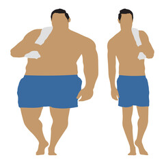 Fototapeta premium Conceptual fat overweight obese man vs slim fit healthy body after weight loss or diet, white background. A fitness, nutrition or obesity, health care shape illustration vector as silhouettes