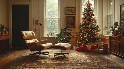 A Cozy Christmas Living Room with a Mid-Century Modern Chair