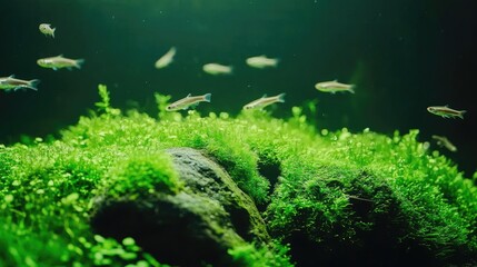 Fototapeta premium Small fish swim above lush green aquatic plants