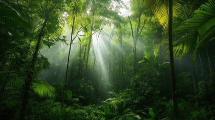 Fototapeta premium Sunlit Rainforest Canopy Lush Green Foliage Mystical Atmosphere