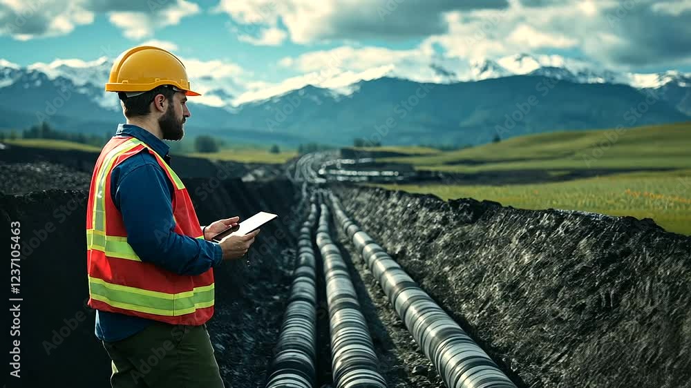 Poster a wide view of an engineer with a tablet standing near an open trench filled with water pipes, symbo