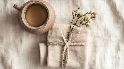 A simple arrangement featuring a clay pot of tea, a gift wrapped in linen, and dried flowers.