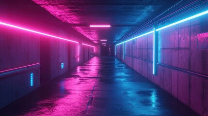 Fototapeta premium Abstract 3D sci-fi hyper warp tunnel, neon pink and blue streaks stretching into infinity