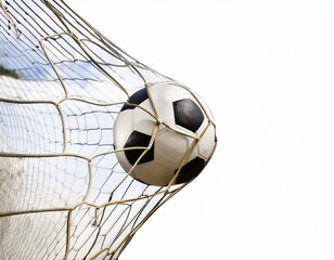 Soccer in the goal net isolated on white background, cut out 