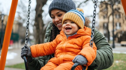 Obraz premium Happy mother and child enjoying a swing ride