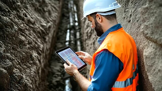An overhead view of an engineer using a tablet, inspecting water pipe connections in a freshly dug trench.