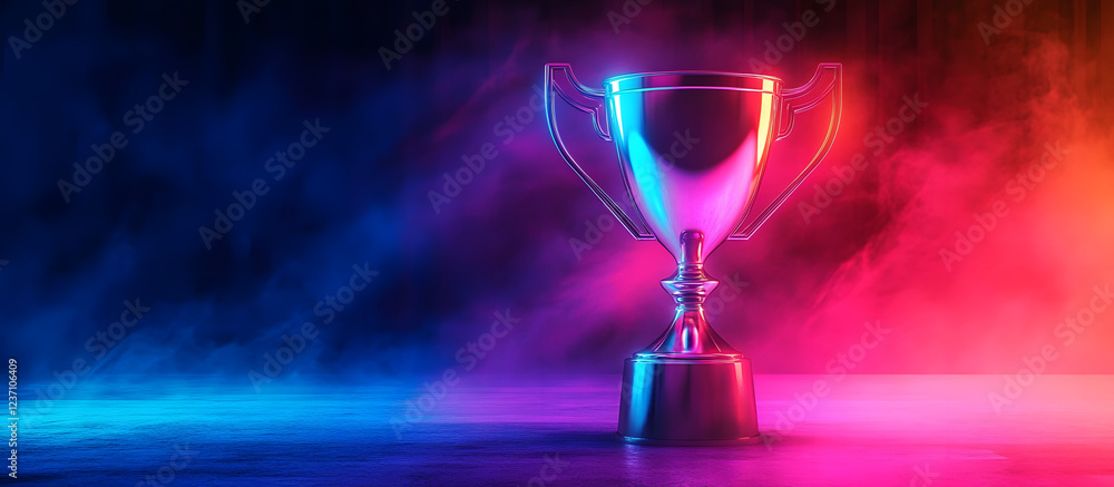 Poster neon trophy illuminated in vibrant colors creating a fantasy atmosphere with space for customized te