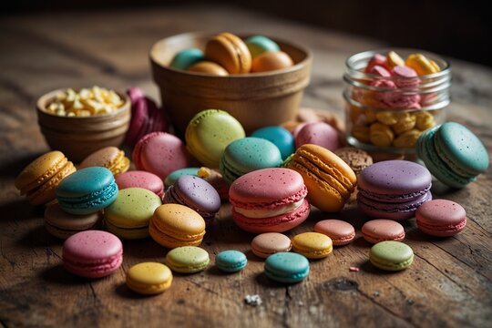 Colorful assortment of macarons and candy on a rustic wooden table