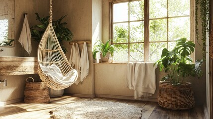 Cozy and Bright Bathroom with Hanging Chair and Green Plants