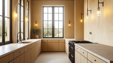 A minimalist kitchen with large amber windows, limestone countertops, and dark iron fixtures