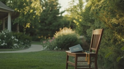 Obraz premium Graduation Cap Rests On Chair In Garden
