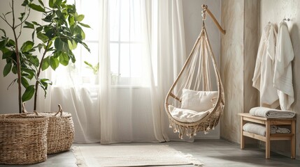 Cozy Indoor Space with Hanging Chair and Natural Light Decor