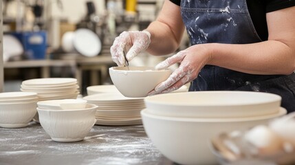 A potter carefully crafts a porcelain bowl in a workshop
