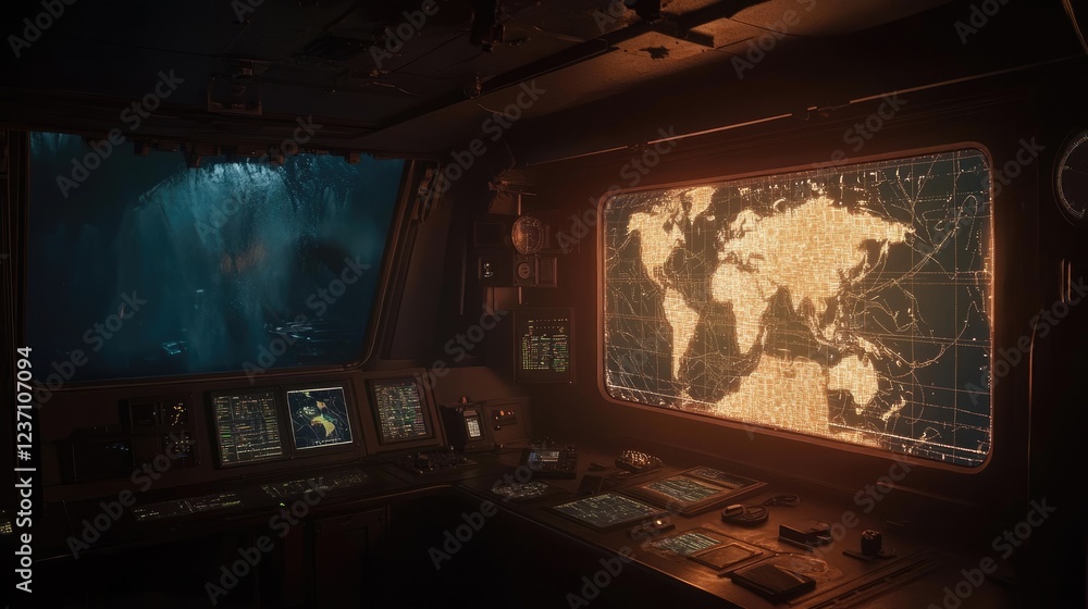 Aufkleber futuristic control room with global network map display