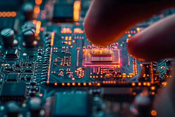 Exploring the intricate details of a circuit board under magnification with hands engaged in technical examination