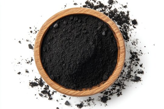 Black maca organic powder pile in cly pot isolated on white background