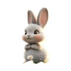 Fluffy 3D Cartoon Bunny Sitting on Green Plant Isolated on Transparent Background