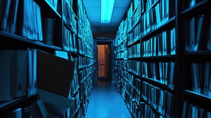 Blue Lit Archive Corridor Filled With Files