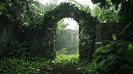 Overgrown Stone Archway Leads Into Lush Jungle