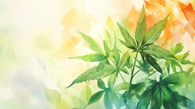 Harmony with nature watercolor illustration, medical hemp plant cbd or cbg oil for meditation and mindfulness practice. Watercolor Harmony. Illustration