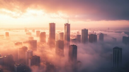 Fototapeta premium Majestic Cityscape with Skyscrapers and Fog at Sunrise