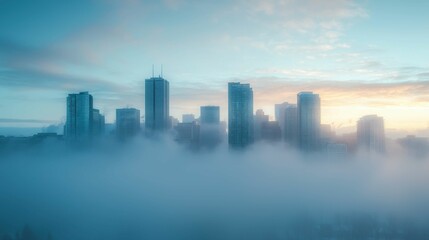 Fototapeta premium Foggy Urban Skyline with Skyscrapers and Soft Sunrise Light