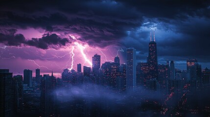 Fototapeta premium Dramatic Lightning Storm Over Urban Skyline During Nighttime