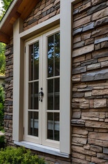 Fototapeta premium Elegant French Doors in Stone House Exterior: Modern Architecture and Design