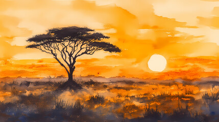 Fototapeta premium Savanna with a lone acacia tree silhouetted against the setting sun watercolor painting. Watercolor Harmony. Illustration