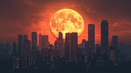 Fototapeta premium City Skyline with Bright Full Moon Against Sunset Background