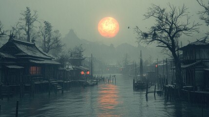 Fototapeta premium Misty Asian village canal scene with large orange moon.