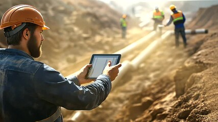 An engineer gestures to workers in the distance while holding a tablet, ensuring proper installation of water pipes in a trench.
