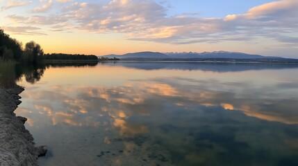 Obraz premium Serene Sunrise Lake Reflection Cityscape Soft Light