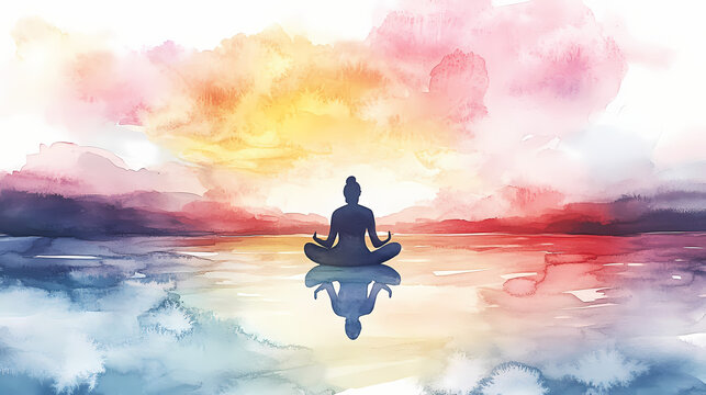 Serene watercolor illustration promoting mindfulness and selfcare calming meditation art with soothing colors. Watercolor Harmony. Illustration