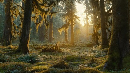 Obraz premium Sunlit Moss Draped Forest Trees At Dawn